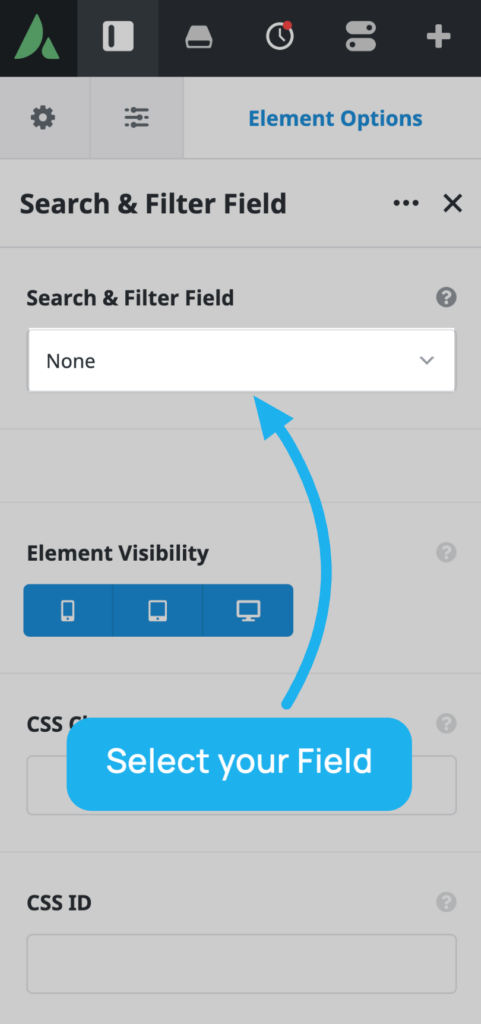 Avada builder - Search & Filter field element settings showing the location to select the Search & Filter field