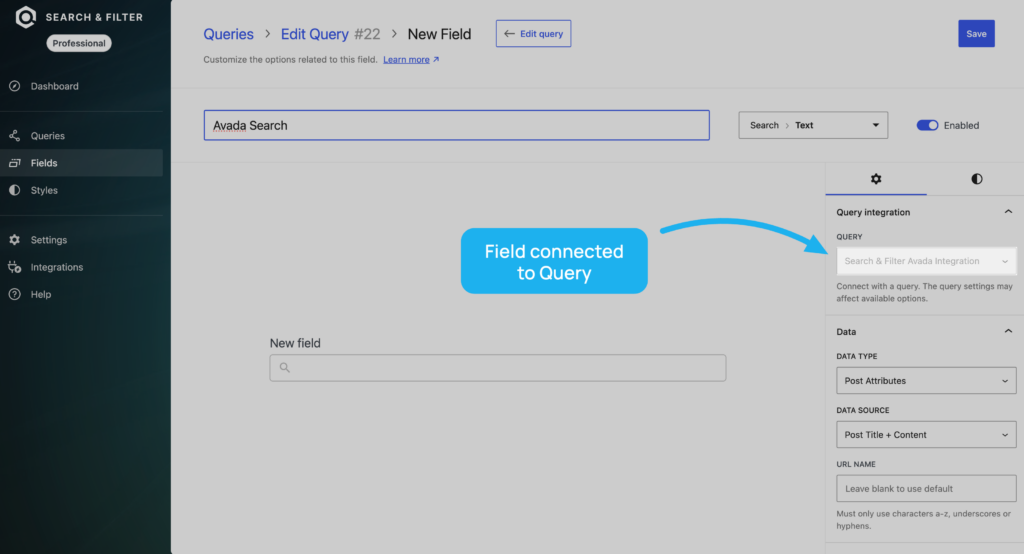 Search & Filter field connected to the Avada query.