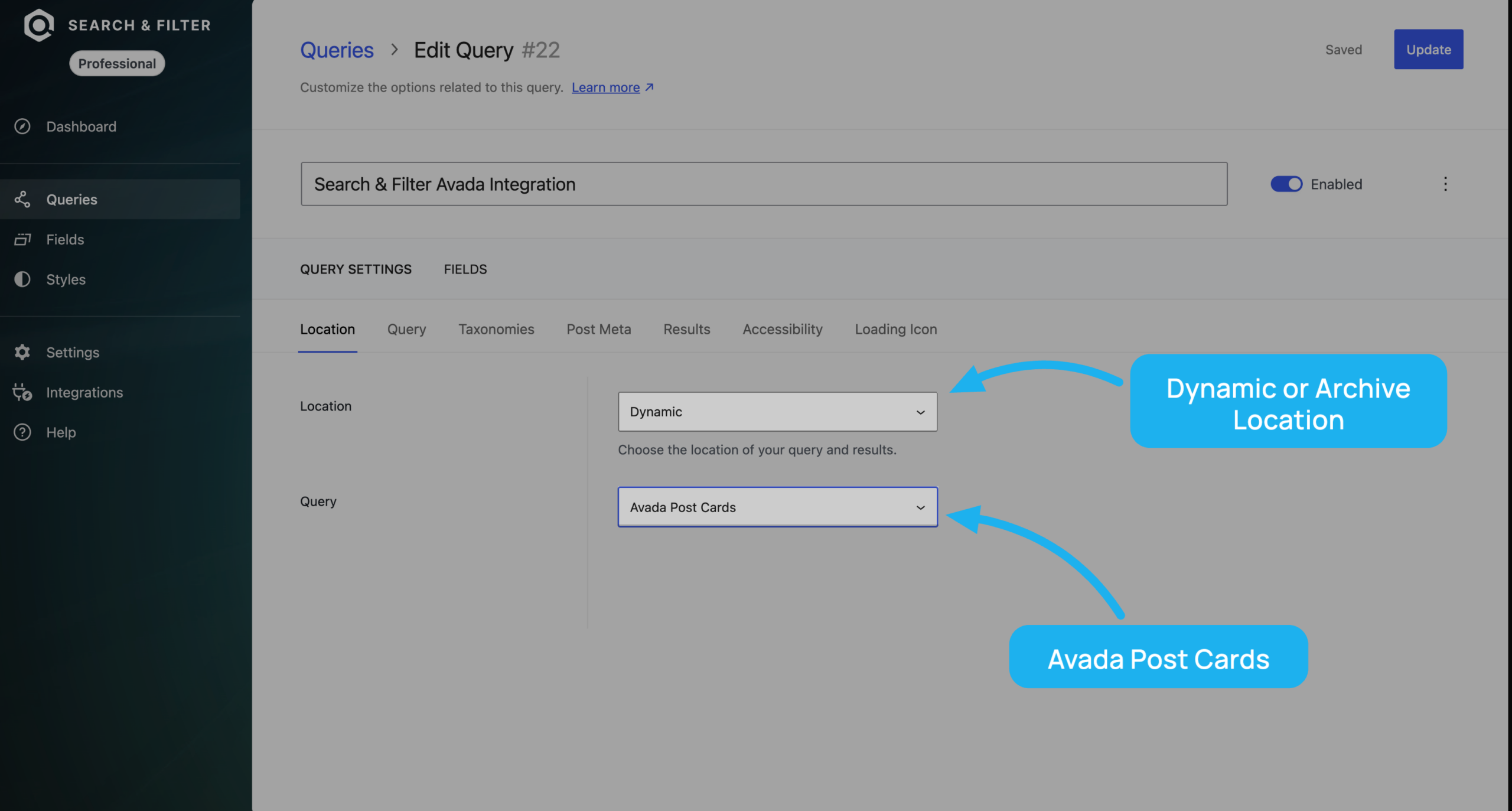Search & Filter query settings page in WP-Admin. Avada integration set up choosing the query integration and location.
