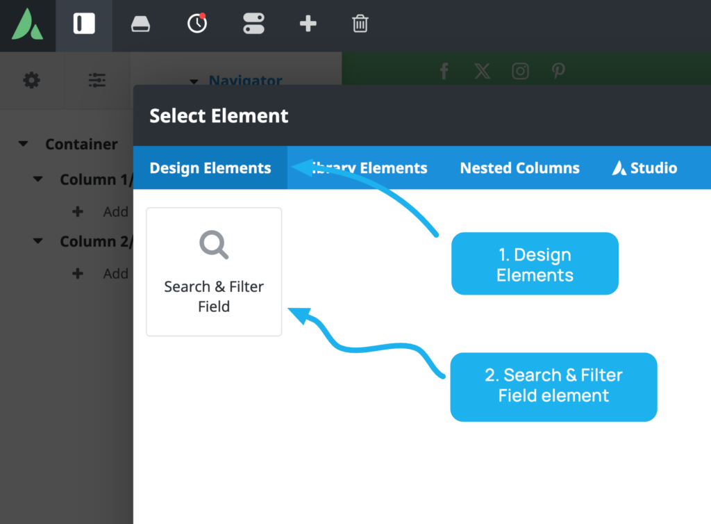 Avada builder Elements library with the Design Elements section selected showing the Search & Filter field element.