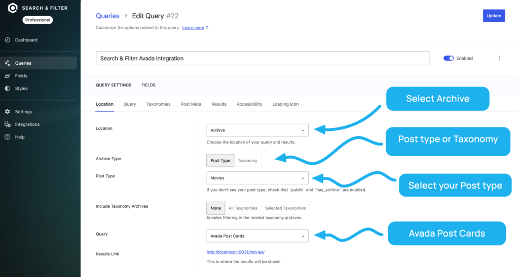 Search & Filter query settings configured for Avada query archive