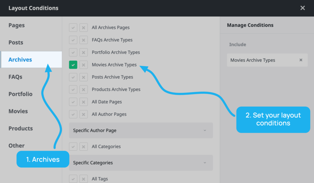 Avada builder layouts screen with layout conditions set to Archive