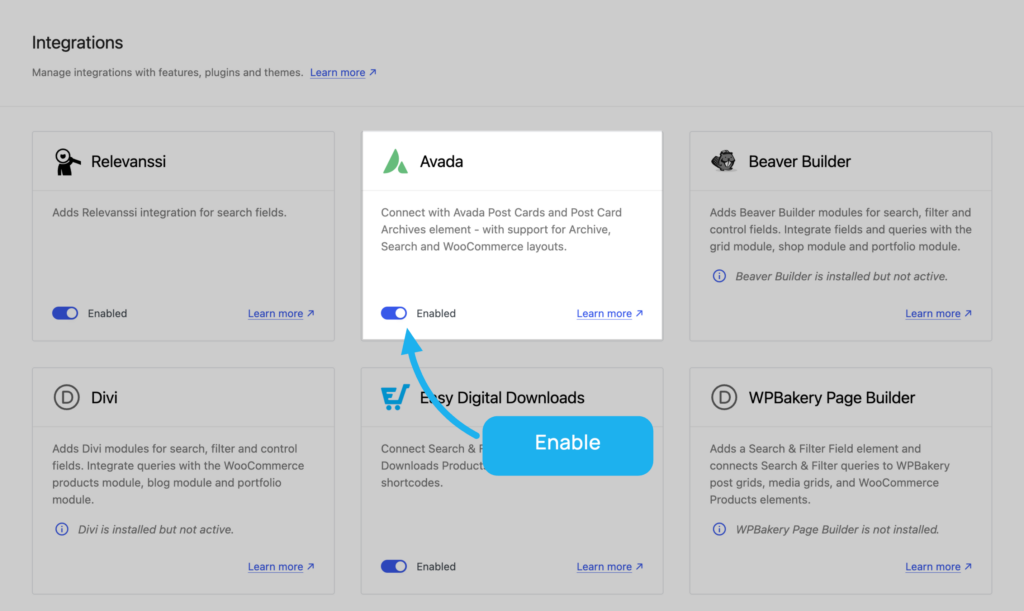 Wp-admin - Search & Filter integrations page with the Avada integration highlighted and enabled