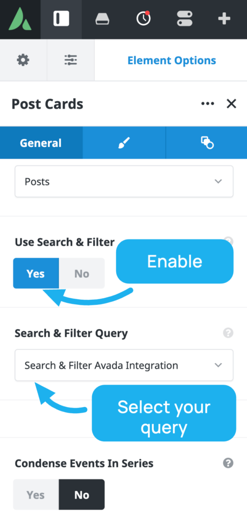 Avada Post cards element settings with Search & Filter enabled and query dropdown selection
