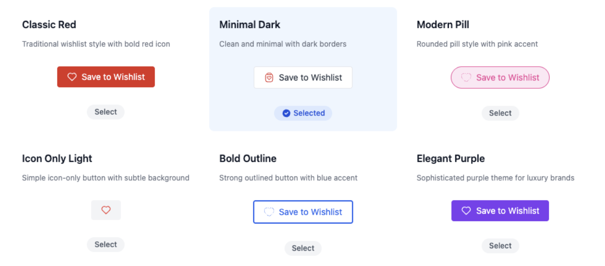 SaveTo Wishlisht Button Styles:
- Classic Red
- Minimal Dark
- Modern Pill
- Icon Only Light
- Bold Outline
- Elegant Purple