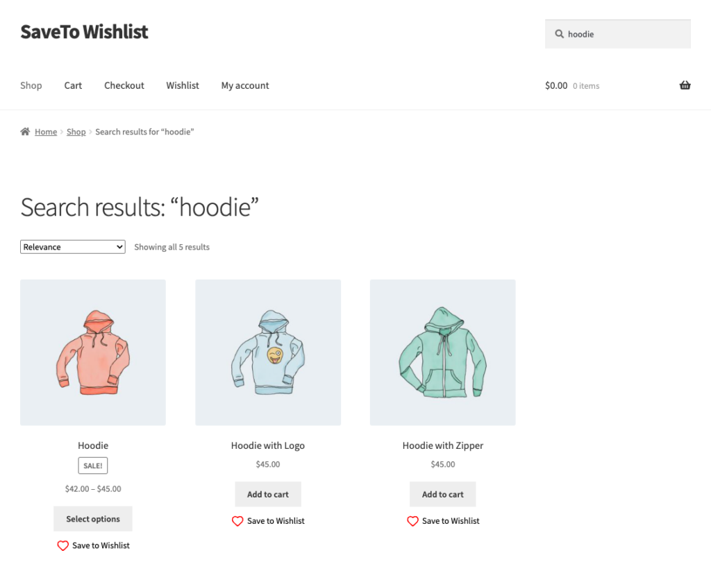 Filtered Search & Filter results grid and the SaveTo wishlist button showing on products.